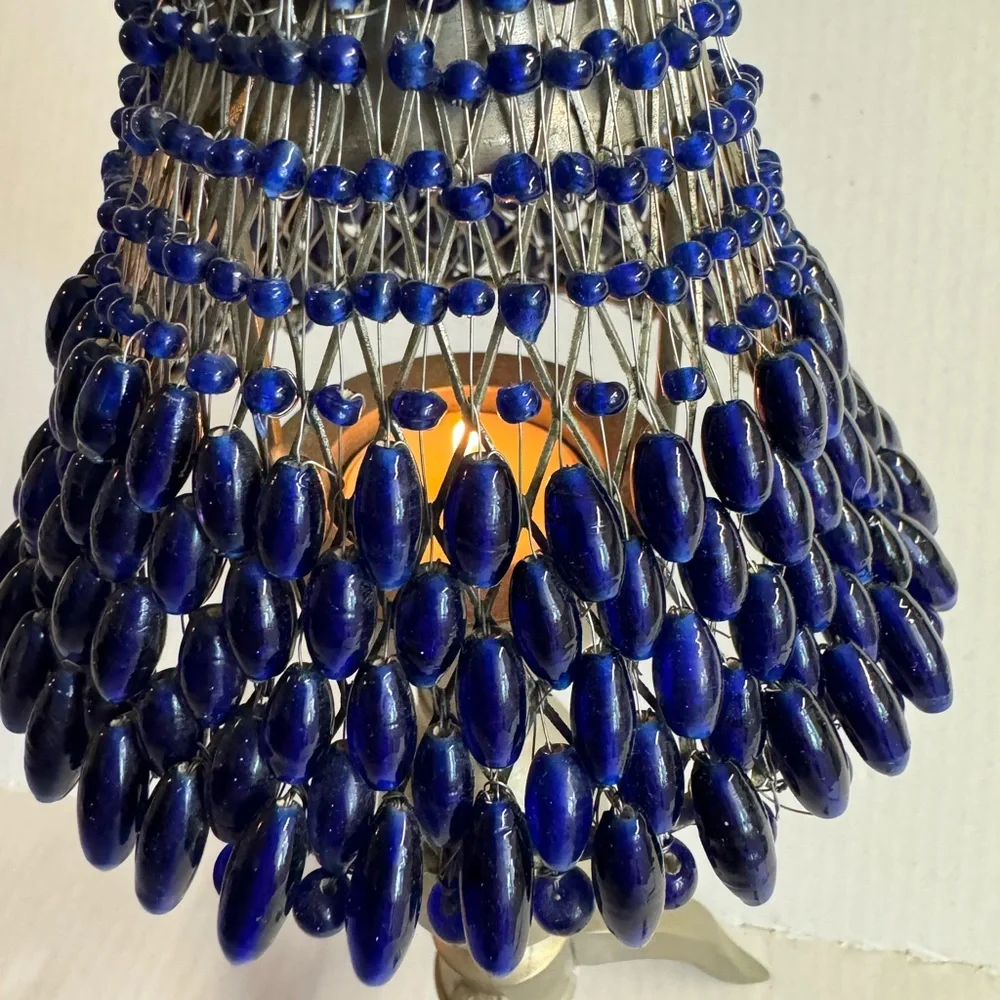 Vtg Cobalt Blue Glass Bead Shaded Votive candle holder with pewter 3 leg base.